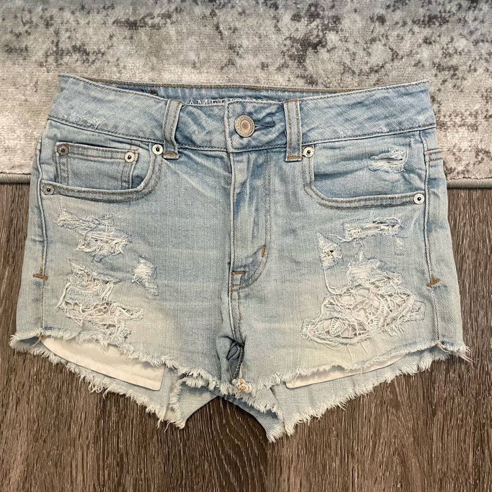 High-rise light wash jean shorts